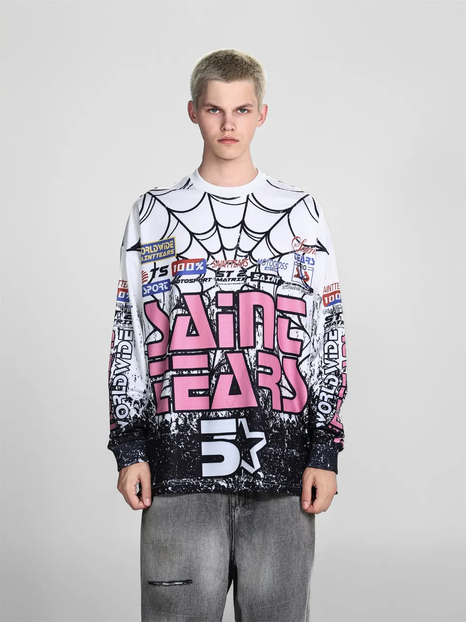 Saint michael tears all-over printed long-sleeved vintage autumn and winter T-shirt Style number: 118 Size: M L XL Wholesale price: 136 Color: white